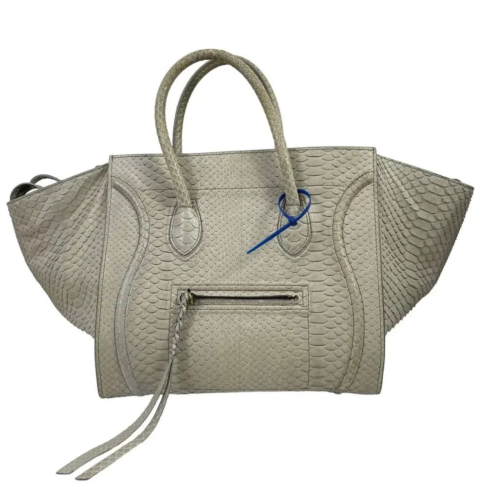 Celine Light Beige Python Embossed Leather Tote with Blue Accent